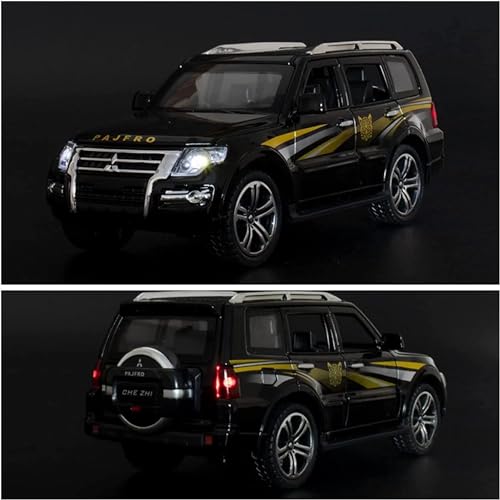 Image of 1:32 Scale Mitsubishi Pajero Metal Diecast Car for Kids, Unisex, 3 Years and Up, Black, Openable Doors, Sound, Light Effects, Pullback Function