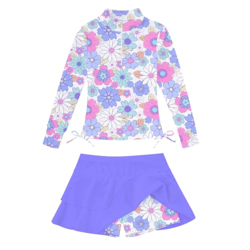 Image of Vogseek 3-12T Girls Rash Guard 2 Pieces Bathing Suit Long Sleeve Swimsuit Swimming Skirt with Shorts Swimwear