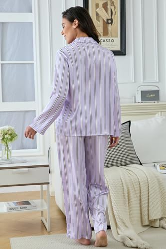 Image of YiNi LuLu Womens Silk Satin Pajamas Set Button Down 2 Piece Pjs Long Sleeve Oversized Sleepwear with Pockets