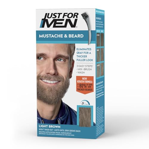 Just For Men Mustache & Beard, Beard Dye for Men with Brush Included, With Keratin Biotin Aloe and Coconut Oil for Healthy Facial Hair - Light Brown, M-25, Pack of 1 (Packaging May Vary)