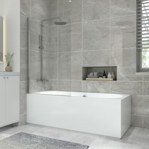 NRG 1700x700mm Acrylic Straight Bath + Chrome Round Bath Screen with Front & End Panel White Bathroom Bathtub