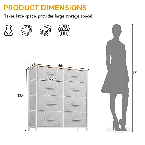 DWVO Fabric Dresser for Bedroom, Tall Dresser with 8 Drawers, Storage Tower with Fabric Bins, Chest of Drawers for Closet & Living Room - Sturdy Steel Frame, Wooden Top