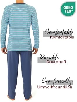 Sesto Senso Heren Lang Pyjama Set 100% Kotoen Groote Mouw Top Met Zak & Bottom Nachtkleding Pjs M 02 K67ZC