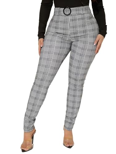 Womens Sexy High Waist Plaid Belted Pants Zipper Long Pant Trousers For Women