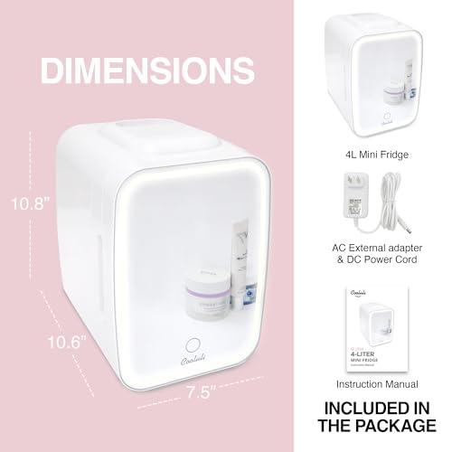Image of Cooluli Glow 4L Mini Skincare Fridge with Mirror & LED Light - Small Refrigerator for Skin Care, Beauty, Makeup, Cosmetics, Food & Drinks, White