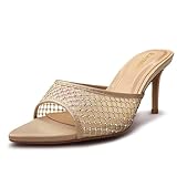 Raymelo Rhinestone Heeled Sandals for Women, Breathable Mesh Mule Heels, Slip On Stiletto Design, Dress Shoes for Parties, Weddings and Daily Wear (Beige)