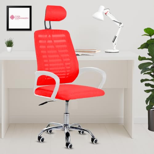 Image of Casa Copenhagen,Mesh Office Desk Chair,Rocking Chairs Ergonomic Computer Chair Adjustable High with Headrest and Comfortable Armrest Swivel Chair - Red & White Handle