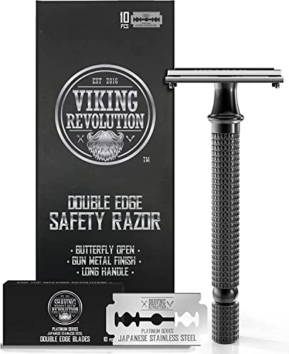 SHAVING REVOLUTION Double Edge Safety Razor Men + 10 Blades - Butterfly Open Razor with 10 Japanese Stainless Steel Double Edge Safety Razor Blades - Close Clean Shaving Razor for Men - Mens Razor