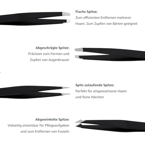 Amazon Basics Pinzetten-Set, professionell, Edelstahl, für Gesichtshaar, Wimpern, Augenbrauen, eingewachsene Haare, mit Reiseetui, schwarz, 4Stück