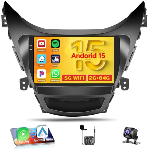 [2+64G] Android 15 Car Stereo for Hyundai Elantra Radio 2011 2012 2013, Wireless CarPlay Radio Android Auto, Hikity 9'' Touch Screen Car Radio GPS Mirror Link WiFi Backup Cam Bluetooth SWC FM/RDS