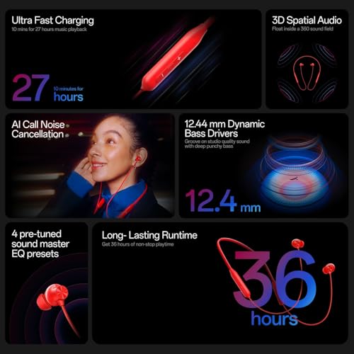 Image of Original Neckband Compatible for OnePlus Z3, Bluetooth Wireless Earphones with Smart Vibration Alert, Dual Pair Mode, ENC Mic & 45dB (Orange Color)