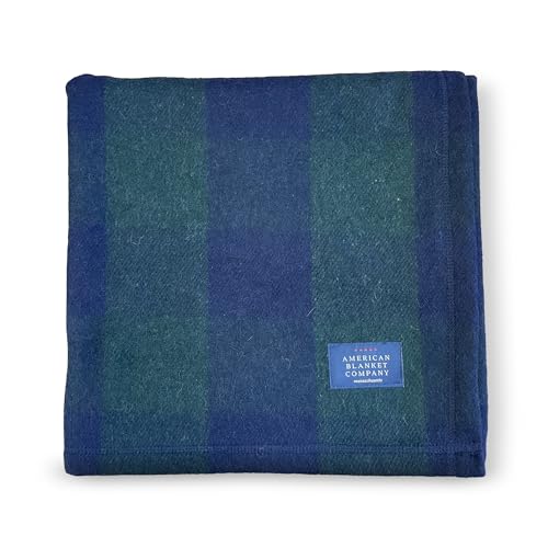 Recycled Wool Throw Blanket Green Blue Plaid 60x78