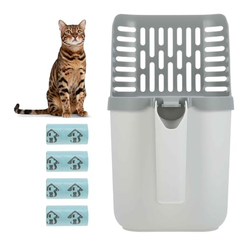 GLIDESMOOTH Cat Litter Scoop, Durable Litter Scooper with Refill Bags, Mess-Free Cat Litter Scooper, Convenient Scoop Holder Design, White, Grey