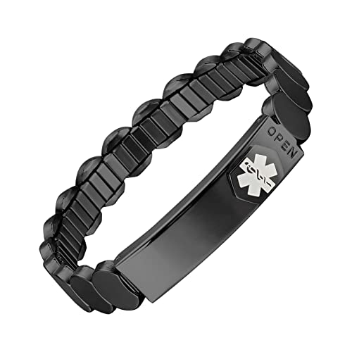 Magvivace Men Medical Alert Id Stainless Steel Personalized Emergency Adjustable Elastic Bracelet For Diabetes Type 1 2, Allergy, Dnr, Epilepsy, Autistic (21Cm(8.27'')) #TOP8