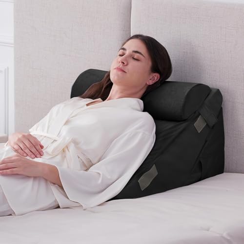 Image of CUSHIO Adjustable Memory Foam Wedge Pillow with Headrest for Back Support, 12-in-1 Versatile Design for Sleeping, Leg Elevation with Removable Cover (Black)