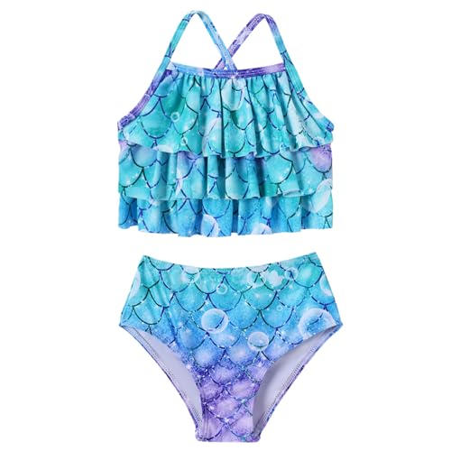 Image of Redair Mermaid Girls Bathing Suit 3PCS Ruffle Top Bikini Bottoms Swimsuit Kids Beach Pool Swimwear 3-11Y