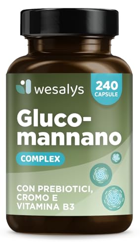 GLUCOMANNANO FORTE 4.200 mg per Dose Giornaliera, 240 CAPSULE, Made in Italy, Arricchito con Cromo, Vitamina B3 e Prebiotici; Fibra Vegetale, Integratore Ad Alto Dosaggio, Wesalys