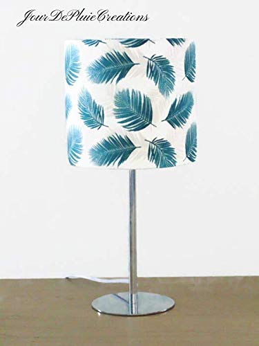 lampe métal pied personnalisable chrome ou blanc abat jour feuilles exotiques bleues idee cadeau noël anniversaire lampe chevet lampe a poser tropical