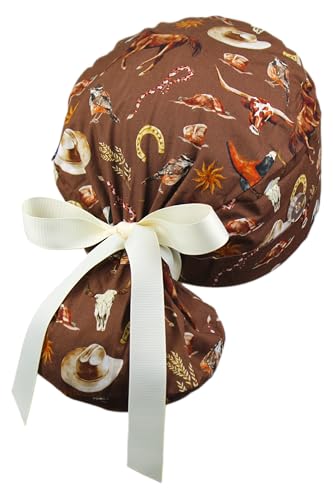 Image of Scrub Cap for Women and Men, Ponytail Scrub Caps, Working Hat, Head Cover with Ribbon Ties and Buttons, Long Hair