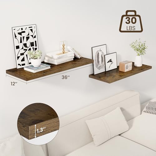 Image of Dreamland 36 inch Floating Shelves for Wall, 12 inch Deep Slim Rustic Brown Floating Shelves, Wall-Mounted Shelves for Bedroom, Living Room, Kitchen, Bathroom - Set of 2
