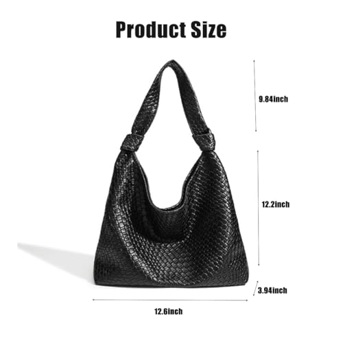 Image of Woven Hobo Bags for Women Soft PU Leather Slouchy Bag Large Capacity Woven Leather Handbag Knotted Handle Slouchy Tote Purses