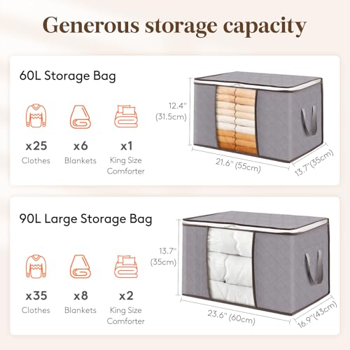 Lifewit 90L Large Storage Bags, 6 Pack Closet Organizers and Storage, Clothes Storage Bins with Lids, Foldable Storage Containers with Reinforced Handles for Clothing, Blanket, Comforter Light Gray