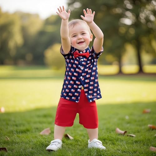 Karuedoo Toddler Baby Boy 4th of July Outfit American Flag Button Down Short Sleeve Shirt and Shorts Set Patriotic Clothes4
