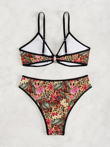 Image of Fanuerg Women's Triangle Bikini Sets O Ring Linked Two Piece Swimsuits Floral Printed Cheeky Bathing Suit
