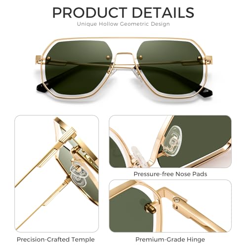 SUNGAIT Hollow Geometric Aviator sunglasses for Women Men Metal Frame Retro Trendy Shades UV Protection (Gold Frame/Green Lens) by SUNGAIT - Image 3