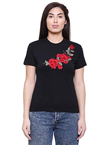 Image of Saundarya Women's Embellished T-Shirt Hosiery Fabric Half Sleeve Round Neck Blue and Red Embroidery Black