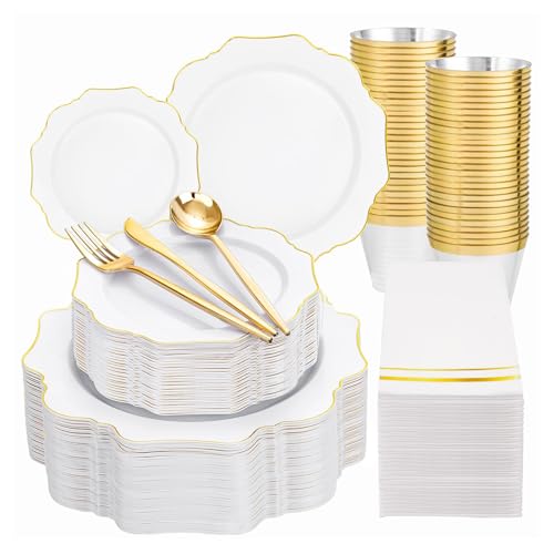 WDF 350PCS White and Gold Plastic Plates - Gold Plates Disposable 50Guest Plastic Dinnerware Ideal for Party/Wedding/Birthday
