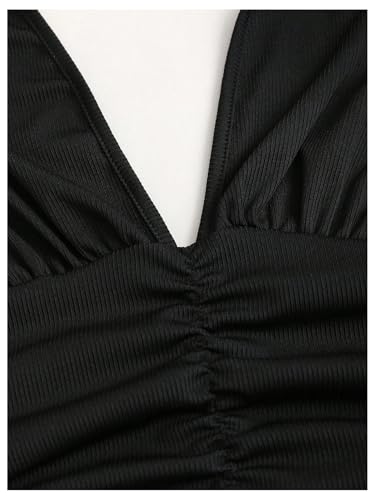 Milumia Women's Ruched V Neck Backless Halter Dress Sexy Tiered Layered Ruffle Dresses3