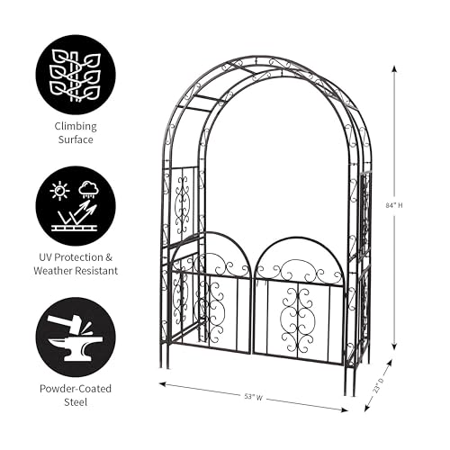 Plow & Hearth Arch Metal Outdoor Garden Arbor Double Gate | Montebello | 7 Feet Tall | Gunmetal Black | Trellis Lattice Climbing Plants