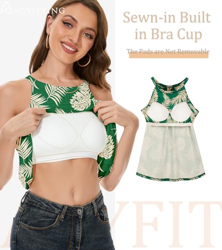 Image of Women Halter Tank Top with Built in Bra Flowy Sleevless Padded Camisole Loose Fit Summer Shirt Top S-3XL