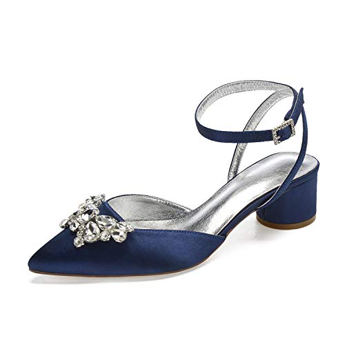 Creativesugar Lady Satin Dress Shoes Block Thick Heels Pumps Pointed Toe Bridal Wedding Shoes (9.5, Navy Blue)