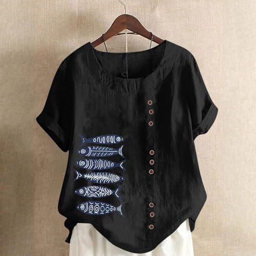 Women Tops Short Sleeve Simple Fish Print Retro Top Side Button Crewneck Loose Comfy Blouse Soft Shirts Shirts2