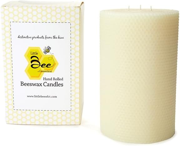 Little Bee of Connecticut Hand Rolled Beeswax Pillar Candles (5 x 8 Inch Triple Wick)