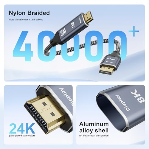 Image of 8K DisplayPort to HDMI 2.1 Cable 3.3FT 8K@60Hz 4K@120Hz Uni-Directional DP (Source) to HDMI (Display) Braided Cord DP to HDMI Compatible with PC, Dell, AMD, Lenovo, Monitor, HP