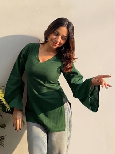 Image of ANNI Designer Short Kurti for Women Solid Design | V Neck Full Sleeve Kurti Tops for Women | Stylish Kurtis & Short Kurtis for Woman | Casual Kurti with Jeans | Kurtas for Woman