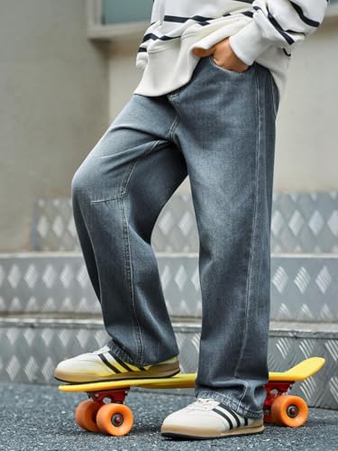 Boys Baggy Jeans Casual Straight Leg Denim Pants with Elastic Waist Pockets Kids Loose Fit Trousers Ages 5-144