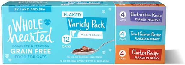 WholeHearted Grain Free by Land and Sea Flaked Wet Cat Food Variety Pack for All Life Stages 2.8 oz. Count of 12