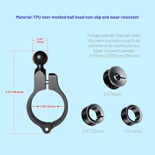 Image of Bike Handlebar Mount, Aluminum Alloy Clamp Mounts Base Ball Adapter with 0.67 inch(17mm) TPU Ball for Round Rails, Compatible with RAM Mounts Ball Socket Arm