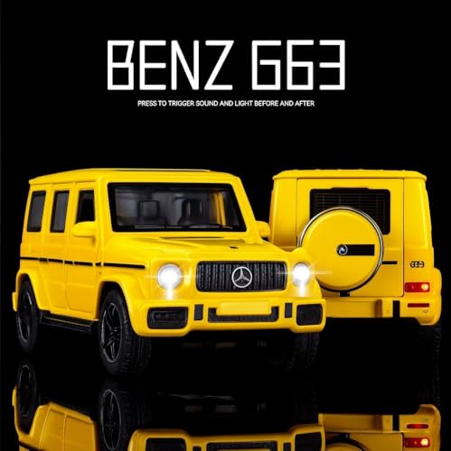 Image of Diecast Mercedes AMG G63 G-Wagon Toy Car - 1:32 Scale Alloy Car with Light & Sound, Pull-Back Off-Road Jeep Toy for Kids & Collectors, Gift for Boys & Enthusiasts (Yellow)