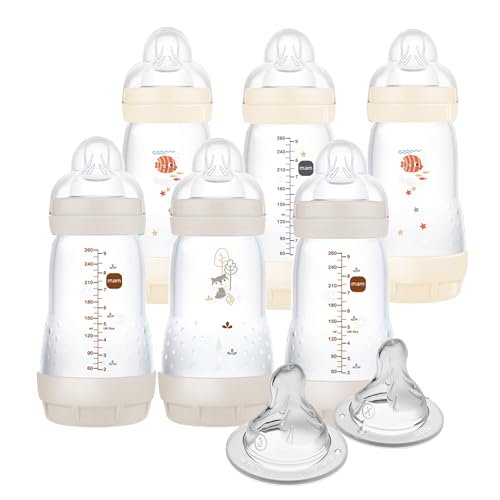 Image of MAM 9oz Easy Start Anti-Colic Baby Bottles, Medium Flow with 2X Bonus Nipples (Fast and Extra Fast Flow), Reduces Colic, Gas, & Reflux, Easy-to-Clean, BPA-Free, 2 Plus Months