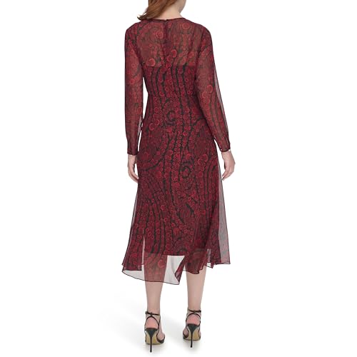 Image of Tommy Hilfiger Women's Long Sleeve Keyhole Neck Chiffon Hi-lo Midi Dress