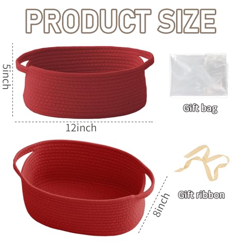Image of JMvicyroam Small Woven Basket, Empty Gift Basket, Red /2 Pack | Small Gift Basket, Cotton Rope, 12 x 8 x 22 in, Handles, Includes Ribbon and Bag, Birthday Gift Basket