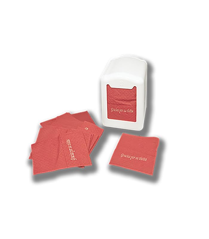 Servilleta mini servis gofrada de color burdeos, calidad tissue de 2 capas, con impresión "Gracias por su visita".Cajas envasadas con 36 paquetes que contienen 2 paquetes de 50 servilletas cada uno.