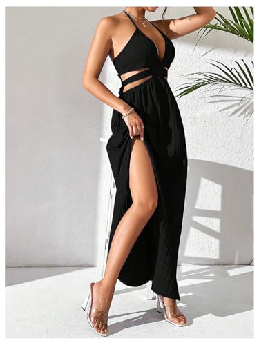 Image of SHENHE Women's Sexy Cut Out Tie Backless Halter Deep V Split Thigh Party Night Maxi Dress