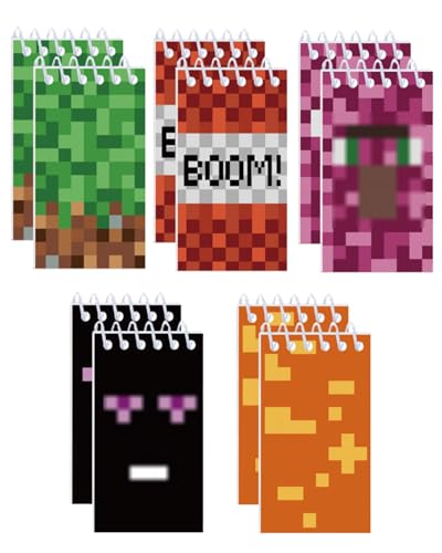 Koongso 10 Pcs Pixel Themed Mini Spiral Notebook, Building Game Blank Memo Pads, Gaming Themed Birthday Party Favor Goodie Bag Stuffers Classroom Rewards