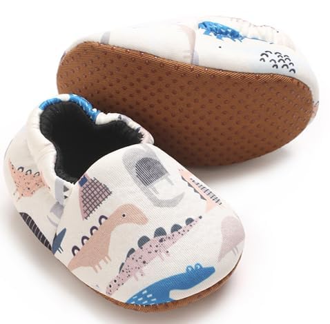 Baby Soft Sole Shoes, Dinosaur Print, Non-Slip Rubber Sole, White with Blue and Brown-image-29